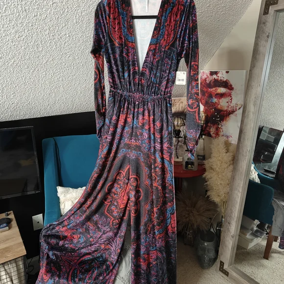 NWT FP Giselle Velvet Stretchy Wide Leg Jumpsuit Dark Combo Xs - Picture 4 of 17